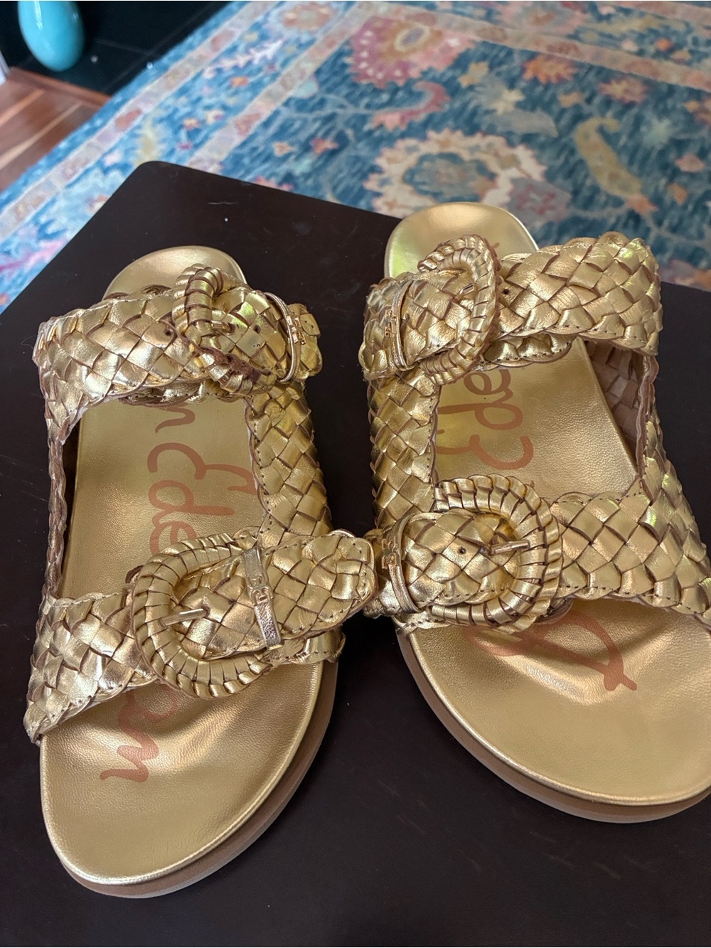 Sam Edelman Gold Braided Leather Buckle Straps Slides Sandals SZ 9 NEW